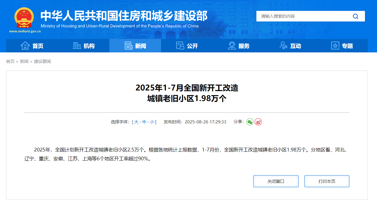 1至7月全国新开工改造城镇老旧小区1.98万个